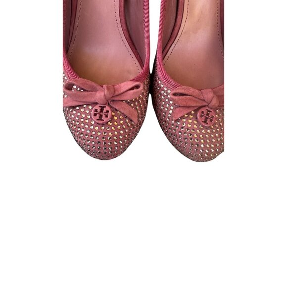 Tory Burch Phoenix Charm Logo Pumps Size 6.5 Pave Crystal Conceria Cameo Shoes - Picture 4 of 14